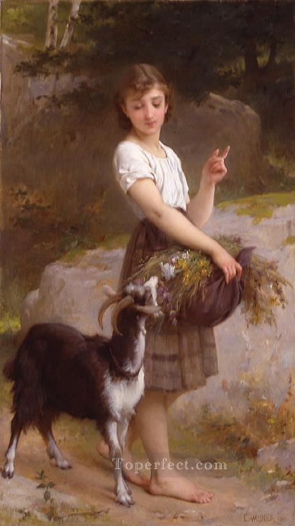 young girl with goat and flowers Academic realism girl Emile Munier Oil Paintings